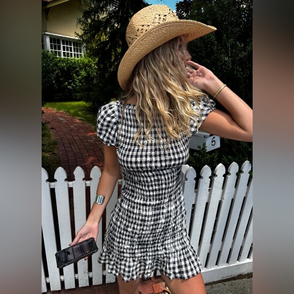 Doen Rizzo Linen Smocked Boat Neck Short Puff Sleeve Mini Dress Marilyn Gingham - Picture 7 of 15